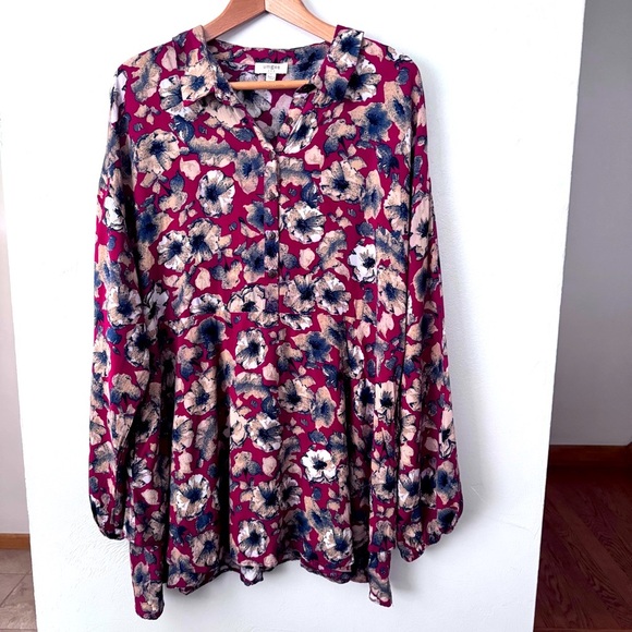 Umgee floral layered shirt dress red with floral pattern Size Large - Picture 1 of 8